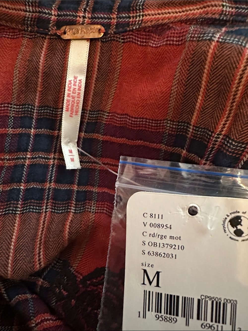 NWT Free People Ezra plaid embroidered button up bell cuff M raw edge tunic - Picture 15 of 16